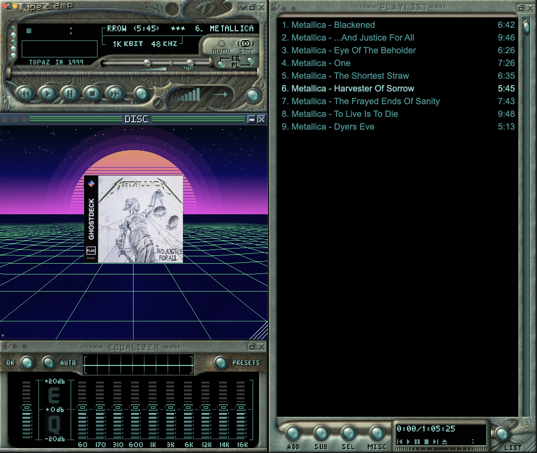 GhostDeck with the TopazAmp skin: skinned main deck, equalizer and playlist around the 3D pane, where an album case turns over the synthwave grid