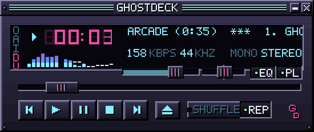 GhostDeck main deck: time display, spectrum, seek bar and transport buttons